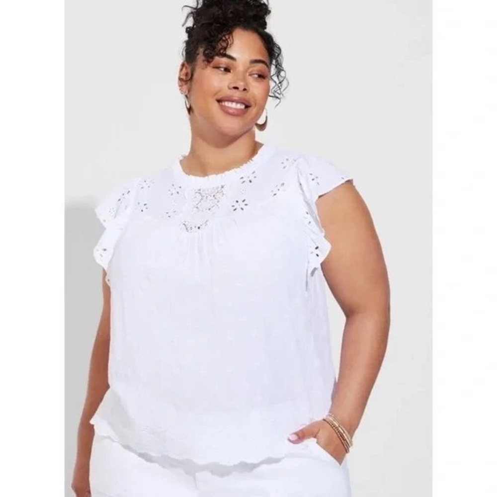 Torrid Eyelet Ruffle Cap Sleeve Top Lace High Neck Modest Blouse Cottage